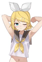  armpits arms_behind_head black_sailor_collar blonde_hair blue_eyes blush bow closed_mouth collarbone crop_top cropped_shirt hair_ornament hairbow hairpin hands_up highres kagamine_rin looking_at_viewer navel neckerchief one_eye_closed rakugaki_ningen sailor_collar shirt short_hair simple_background sleeveless sleeveless_shirt smile stomach swept_bangs upper_body vocaloid white_background white_bow white_shirt yellow_neckerchief 