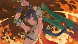  absurdres afureru_colors armpits arms_up artist_name black_bra blue_hair bra bridal_gauntlets chinese_clothes clenched_teeth commentary dark_blue_hair detached_sleeves female fire greatsword highres holding holding_sword holding_weapon honkai:_star_rail honkai_(series) long_hair looking_at_viewer low_twintails orange_eyes puffy_short_sleeves puffy_sleeves short_sleeves solo sweatdrop sword teeth twintails underwear upper_body veins veiny_hands weapon yunli_(honkai:_star_rail) 