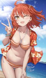  absurdres ahoge bead_bracelet beads bikini blue_sky blush bracelet breasts cleavage collarbone fate/grand_order fate_(series) female floral_print fujimaru_ritsuka_(female) fujimaru_ritsuka_(female)_(brilliant_summer) fujimaru_ritsuka_(female)_(tropical_summer) hair_ornament hair_scrunchie hawaiian_shirt highres jewelry looking_at_viewer medium_breasts navel one_eye_closed one_side_up open_clothes open_mouth orange_bikini orange_eyes orange_hair orange_scrunchie red_shirt scrunchie shirt short_hair sky smile solo striped_bikini striped_clothes swimsuit thighs toukan 