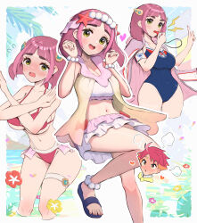  1boy absurdres bikini blush crispin_(pokemon) female frilled_bikini frills gonzarez hair_ornament hairclip highres it&#039;s_just_not_right! jacket lacey_(pokemon) multicolored_hair one-piece_swimsuit open_mouth orange_hair pink_hair pink_jacket pokemon pokemon_sv red_bikini red_hair school_swimsuit short_hair string_bikini swimsuit two-tone_hair yellow_eyes 