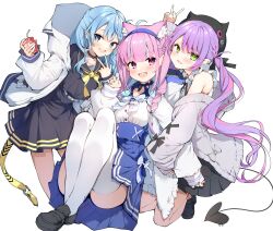  3girls :d absurdres ahoge animal_ear_fluff animal_ears belt black_choker black_footwear black_hat black_sailor_collar black_serafuku black_shirt black_skirt blue_bow blue_bowtie blue_choker blue_eyes blue_hair blue_hairband blue_sailor_collar blue_skirt blush bow bowtie braid cardigan cat_ears choker commentary darjeeling_(reley) demon_tail extra_ears frilled_sailor_collar frills full_body green_eyes grey_belt grey_cardigan hairband half_up_braid half_updo hat high-waist_skirt highres hololive hood hooded_jacket hoshimachi_suisei hoshimachi_suisei_(school_uniform) jacket jirai_kei juice_box loafers long_hair long_sleeves looking_at_viewer minato_aqua minato_aqua_(sailor) miniskirt multicolored_hair multiple_girls nail_polish off_shoulder official_alternate_costume official_alternate_hairstyle open_clothes open_jacket open_mouth piercing pink_hair pleated_skirt purple_eyes purple_hair ribbon_choker sailor_collar sailor_shirt school_uniform serafuku shirt shoes simple_background skirt sleeveless sleeveless_shirt smile startend_(hololive) streaked_hair suspender_skirt suspenders tail tail_ornament tail_piercing teeth thighhighs tokoyami_towa tokoyami_towa_(jirai_kei) twin_braids twintails upper_teeth_only v virtual_youtuber white_background white_jacket white_shirt white_thighhighs yellow_bow yellow_bowtie 