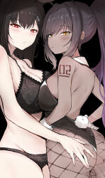  2girls absurdres alternate_costume ass black_background black_bra black_panties blue_archive blunt_bangs blush bra breasts cleavage closed_mouth cowboy_shot dark-skinned_female dark_skin fingernails highres karin_(blue_archive) karin_(bunny)_(blue_archive) large_breasts long_hair looking_at_viewer multiple_girls official_alternate_costume panties playboy_bunny rabbit_tail red_eyes rio_(blue_archive) sak1_01 sideboob sidelocks simple_background sweatdrop tail underwear yellow_eyes 