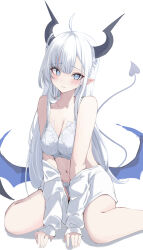  absurdres ahoge black_horns blue_eyes borrowed_character bra breasts cleavage demon_girl demon_horns demon_tail demon_wings female hair_on_horn highres horns lace lace_bra lace_panties large_breasts long_hair looking_at_viewer low_wings navel original panties pointy_ears shirt sitting solo tail thea_(nekojira) underwear unoimy wariza white_background white_hair white_shirt wings 