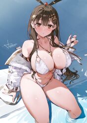  arm_support bikini breasts bridal_gauntlets brown_eyes brown_hair cleavage collarbone commentary_request dated female hair_between_eyes hair_ornament hand_up highres jacket jewelry large_breasts light_blush long_hair looking_at_viewer max_factory mole mole_on_breast navel necklace off_shoulder open_clothes open_jacket original parted_lips signature sitting soaking_feet solo swimsuit thighhighs toridamono white_bikini white_jacket 