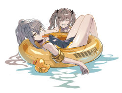  2girls armband brown_hair closed_eyes commentary_request competition_swimsuit food food_in_mouth fujita_(condor) girls&#039;_frontline grey_hair hair_between_eyes hair_ornament high_ponytail highres innertube long_hair looking_at_viewer lying multiple_girls on_back on_innertube one-piece_swimsuit popsicle popsicle_in_mouth rubber_duck simple_background smile swim_ring swimsuit twintails ump45_(girls&#039;_frontline) ump9_(girls&#039;_frontline) water white_background yellow_eyes yellow_innertube 