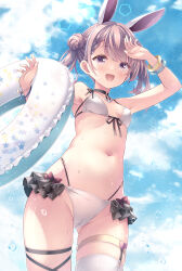  :d absurdres animal_ears arm_up ass_visible_through_thighs bare_shoulders bikini black_choker blue_sky bow breasts brown_hair choker cloud cloudy_sky collarbone commentary_request day double_bun female frills front-tie_bikini_top front-tie_top groin hair_bun highres navel original outdoors purple_eyes rabbit_ears red_bow ryo_(botugo) single_thighhigh skindentation sky small_breasts smile solo stomach swimsuit thigh_strap thighhighs twintails white_bikini white_thighhighs 