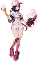  artist_request ball baseball baseball_cap baseball_mitt baseball_uniform black_bra black_hair black_undershirt bra breasts cleavage dislyte female front-tie_top hat holding holding_ball jin-hee_(dokkaebi)_(dislyte) knee_pads large_breasts long_hair midriff mole mole_under_eye narrow_waist navel official_art pink_eyes pink_socks prosthesis prosthetic_arm red_footwear shorts single_knee_pad smile socks solo sportswear thigh_gap third-party_source underwear 