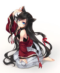  1boy aged_down androgynous animal_ears barefoot blue_eyes cat_ears commentary_request earrings endend_(shinia) hakama hakama_skirt izumi-no-kami_kanesada japanese_clothes jewelry kemonomimi_mode lolicon long_hair male_focus otoko_no_ko photoshop_(medium) single_earring skirt solo touken_ranbu very_long_hair 