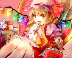  ascot blonde_hair blush cake candy caramel checkerboard_cookie commentary_request cookie couch crystal eating fangs female flandre_scarlet food fork fruit hat i_wanna mob_cap open_mouth pot puffy_short_sleeves puffy_sleeves red_eyes ribbon short_hair short_sleeves side_ponytail sitting skirt smile solo strawberry touhou vest wings 