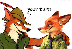  2016 aloha_shirt anthro arm_around_shoulders black_nose brown_body brown_fur bust_portrait bycocket canid canine claws clothed clothing countershading crossover dialogue dipstick_ears disney duo ear_markings english_text eye_contact fox front_view fur gloves_(marking) green_eyes hand_on_shoulder hat headgear headwear kenket looking_at_another male mammal markings multicolored_ears necktie nick_wilde open_mouth open_smile orange_body orange_fur painting_(artwork) pattern_clothing pattern_shirt pattern_topwear portrait red_fox robin_hood robin_hood_(disney) shirt smile text three-quarter_view topwear traditional_media_(artwork) true_fox white_body white_fur zootopia 