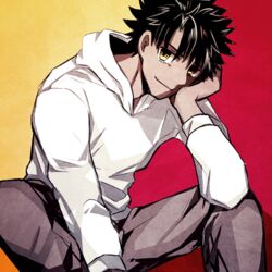  1boy angra_mainyu_(fate) black_hair casual commentary_request fate/hollow_ataraxia fate_(series) heterochromia hood hoodie male_focus no_tattoo red_eyes solo spiked_hair whitetea9 yellow_eyes 