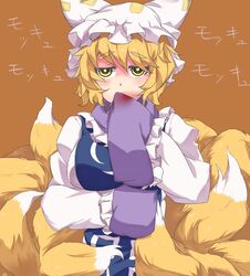  ashu blonde_hair blood breasts commentary_request female fox_tail hat long_sleeves medium_breasts multiple_tails ringed_eyes short_hair simple_background sleeves_past_wrists solo tail touhou yakumo_ran yellow_eyes 