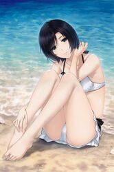  absurdres barefoot beach bikini black_hair bow feet female grey_eyes highres kara_no_shoujo legs long_legs looking_at_viewer outdoors sand shell short_hair sitting solo sugina_miki swimsuit tokisaka_yukari water 