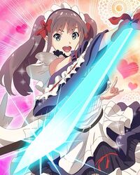  :d \m/ bow brown_hair female frills glowing glowing_weapon green_eyes hairbow heart long_hair maid maid_headdress official_art okamoto_miyu open_mouth smile solo sparkle sword twintails wake_up_girls! wake_up_girls!_stage_no_tenshi weapon 