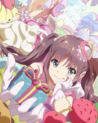  brown_hair cream female food foreshortening frills gift giving gloves green_eyes hair_bobbles hair_ornament head_rest high_heels long_hair looking_at_viewer lying official_art okamoto_miyu on_stomach smile solo sweets twintails wake_up_girls! wake_up_girls!_stage_no_tenshi white_gloves 