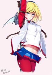  :o arms_up bike_shorts blonde_hair blue_eyes blush dated female floris gloves looking_at_viewer midriff nanao_(mahaya) red_legwear skirt solo to_aru_majutsu_no_index track_jacket wind_lift 