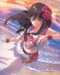  beach blush brown_eyes brown_hair dutch_angle evening female flower flower_necklace hibiscus lei long_hair long_skirt looking_at_viewer nanase_yoshino official_art outdoors seductive_smile skirt smile solo wake_up_girls! wake_up_girls!_stage_no_tenshi water waves wind wreath 