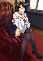  bare_shoulders black_hair blush chair chin_rest detached_sleeves female glasses green-framed_glasses hairband headgear japanese_clothes kantai_collection kirishima_(kantai_collection) kokuryuugan legs_crossed looking_at_viewer no_legwear nontraditional_miko short_hair sitting skirt smile solo 