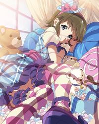  argyle_clothes argyle_legwear blue_eyes brown_hair candy checkered_clothes checkered_legwear dress female food foreshortening frills hairband hayashida_airi head_rest looking_at_viewer lying marshmallow mole mole_under_eye official_art on_side parted_lips pillow plaid plaid_dress short_hair solo stuffed_animal stuffed_toy teddy_bear thighhighs wake_up_girls! wake_up_girls!_stage_no_tenshi wrist_cuffs 