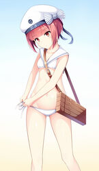  bag bikini clothes_writing commentary_request cowboy_shot female gradient_background hat head_tilt highres kagami_(galgamesion) kantai_collection looking_at_viewer lowleg lowleg_bikini red_eyes red_hair sailor_bikini sailor_collar sailor_hat short_hair side-tie_bikini_bottom solo swimsuit tying white_bikini white_hat white_sailor_collar z3_max_schultz_(kancolle) z3_max_schultz_(swimsuit_mode)_(kancolle) 