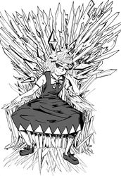  a_song_of_ice_and_fire cirno commentary_request crown drsunshine female game_of_thrones greyscale iron_throne monochrome one_eye_closed parody sitting solo touhou 