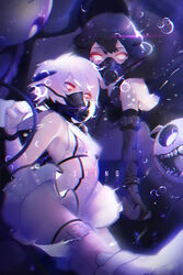  2girls abyssal_ship abyssal_twin_princess_(black) abyssal_twin_princess_(white) air_bubble artist_name black_gloves black_hair breasts bubble chromatic_aberration commentary_request diving_mask dress elbow_gloves gloves glowing glowing_eyes goggles highres holding_hands kantai_collection legband lens_flare multiple_girls red_eyes shenq short_dress short_hair small_breasts white_dress white_gloves white_hair 