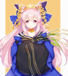  :o animal_ears azur_lane blue_bow blue_kimono blush bow cat_ears chestnut_mouth chinese_commentary commentary_request cosplay fate/grand_order fate_(series) female flower hair_between_eyes hair_flower hair_ornament hairbow japanese_clothes kimono kisaragi_(azur_lane) long_hair long_sleeves looking_at_viewer official_alternate_costume outline oversized_clothes own_hands_together parted_lips pink_hair purple_eyes rice_(plant) sleeves_past_fingers sleeves_past_wrists solo tamamo_(fate) tamamo_no_mae_(fate/extra) tamamo_no_mae_(fate/extra)_(cosplay) tamamo_no_mae_(third_ascension)_(fate) tamamo_no_mae_(third_ascension)_(fate)_(cosplay) tengxiang_lingnai very_long_hair white_outline wide_sleeves yellow_flower 