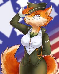  2018 4:5 anthro arinadler black_nose breasts canid canine clothing eyelashes eyewear fangs female fox glasses hat headgear headwear hi_res looking_at_viewer lt._fox_vixen mammal military_uniform sek_studio smile solo squirrel_and_hedgehog teeth uniform 