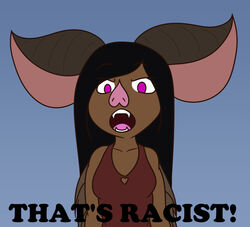  anthro bat big_ears blue_background clothing dialogue digital_media_(artwork) english_text exclamation_point fangs female florence_(terdburgler) leaf-nosed_bat looking_at_viewer mammal meme microbat open_mouth purple_eyes racism shirt simple_background solo tank_top teeth terdburgler text topwear wings yangochiropteran 