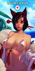  adapted_costume ahri_(league_of_legends) alternate_costume alternate_hairstyle animal_ears beach bikini bikini_under_clothes black_hair bow breasts brown_eyes cleavage cloud commentary cowboy_shot day duto dynasty_ahri english_commentary english_text facial_mark female fox_ears fox_tail hair_bun hair_ornament hair_stick hairbow heart large_breasts league_of_legends lips lipstick long_sleeves makeup navel ocean off_shoulder outdoors palm_tree short_hair signature single_hair_bun sky slit_pupils solo spoken_heart swept_bangs swimsuit tail tassel tree underboob undressing water whisker_markings white_bikini 