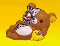  arm_support bird chick commentary_request glowing glowing_eyes kiiroitori lying machinery mechanical_parts no_humans non-humanoid_robot on_side photoshop_(medium) rilakkuma robot sakkan san-x simple_background stuffed_animal stuffed_toy t-800 teddy_bear terminator_(series) the_terminator yellow_background 