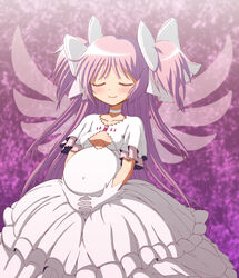  blush choker closed_eyes collarbone covered_navel dress duplicate female gloves highres interlocked_fingers kaname_madoka long_hair mahou_shoujo_madoka_magica mahou_shoujo_madoka_magica_(anime) outie_navel pink_hair pixel-perfect_duplicate pregnant smile solo two_side_up ultimate_madoka very_long_hair vzmk2 white_dress white_gloves wings 