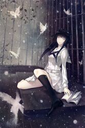  absurdres black_hair book bug butterfly cage closed_eyes female full_body highres innocent_grey kara_no_shoujo_2 kayahara_yukiko kneehighs loafers long_hair looking_to_the_side neckerchief official_art open_book scan school_uniform shoes sidelocks sitting skirt snowflakes socks solo sugina_miki white_butterfly white_skirt 