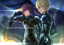  2boys alternate_hairstyle armor black_armor black_eyes black_hair blonde_hair blue_eyes commentary_request crossover drivesuit flynn_scifo male_focus motoko_(ambiy) multiple_boys pacific_rim photoshop_(medium) ponytail science_fiction smile tales_of_(series) tales_of_vesperia yuri_lowell 