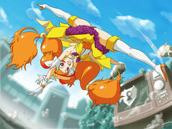  amanogawa_kirara bare_shoulders boots choker commentary_request cure_twinkle earrings female gloves go!_princess_precure jewelry long_hair magical_girl multicolored_hair orange_hair oven photoshop_(medium) precure purple_eyes shimotsuki_juugo smile solo spinning_bird_kick split spread_legs star_(symbol) star_earrings twintails two-tone_hair zetsuborg 