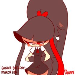  1:1 2018 2d_animation accessory animated annoyed band-aid bandage birthday black_hair blush bow_(feature) bow_accessory bow_ribbon breasts clothing dialogue diives dress english_text fan_character fangs female frame_by_frame gaghiel generation_3_pokemon hair hair_accessory hair_mouth hair_ribbon hairbow half-closed_eyes happy_birthday heart_symbol humanoid looking_at_viewer mawile narrowed_eyes nintendo not_furry open_mouth pokemon pokemon_(species) pokemorph raised_arm red_eyes ribbons school_uniform shirt short_playtime shy signature simple_background small_breasts solo standing teeth text topwear tsundere uniform white_background 