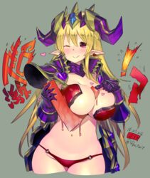  armor between_breasts bikini bikini_armor blonde_hair breasts cleavage commentary_request crown fbc female horns huge_breasts lilith_(p&amp;d) looking_at_viewer navel o-ring o-ring_bottom one_eye_closed pauldrons pointy_ears puzzle_&amp;_dragons red_bikini red_eyes shoulder_armor solo swimsuit translated 