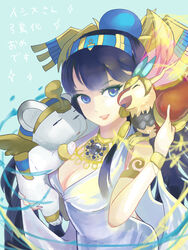  animal animal_on_shoulder arcjjcra armlet bird bird_on_shoulder black_hair blue_eyes bracelet breasts cleavage commentary_request detached_sleeves dress egyptian female hair_tubes highres horus_(p&amp;d) isis_(p&amp;d) jewelry large_breasts long_hair puzzle_&amp;_dragons smile solo sphinx_(p&amp;d) white_dress 