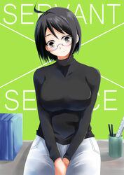  black_hair blush book breasts desk female glasses highres large_breasts looking_at_viewer morisoba_no_heya pencil_cup pens ruler servant_x_service short_hair simple_background solo sweater yamagami_lucy yamagami_lucy_kimiko_akie_airi_shiori_rinne_yoshiho_ayano_tomika_chitose_sanae_mikiko_ichika 