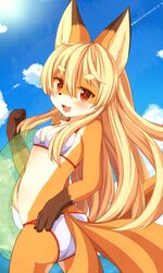  :d animal_ears ass bare_arms bare_shoulders bikini blonde_hair blush borrowed_character breasts cleavage cloud commentary_request contrail cowboy_shot day fangs female fox_ears fox_girl fox_tail from_behind furry furry_female hair_between_eyes hand_on_own_hip highres holding innertube kida_kuro_mu koko_(kishibe) long_hair looking_at_viewer looking_back multiple_tails ocean open_mouth original red_eyes revision small_breasts smile solo standing summer sunlight swim_ring swimsuit tail teeth thick_eyebrows transparent very_long_hair water white_bikini 