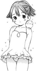  animal animal_on_shoulder arms_behind_back check_commentary collarbone commentary_request female greyscale hamster hamster_on_shoulder highres monochrome original short_hair smile solo swimsuit traditional_media yug_(ekaki) 