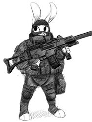  3:4 anthro armor black_and_white disney female g36c gun hi_res hladilnik judy_hopps lagomorph leporid mammal monochrome rabbit ranged_weapon smile solo swat weapon zootopia 