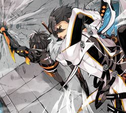  2boys bad_id bad_pixiv_id battle black_hair blade_master_(elsword) coat daizu_yan dual_persona duel elsword male_focus mechanical_arms multicolored_hair multiple_boys punching raven_cronwell reckless_fist_(elsword) single_mechanical_arm sword two-tone_hair weapon white_hair yellow_eyes 