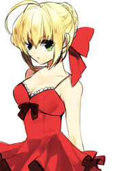  ahoge blonde_hair breasts cleavage commentary_request dress fate/extra fate/extra_ccc fate_(series) female green_eyes medium_breasts mogupen nero_claudius_(fate) nero_claudius_(fate/extra) nero_claudius_(modern_costume_of_crimson)_(fate) official_alternate_costume solo sundress 