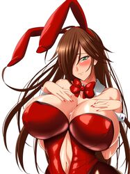  animal_ears blush breasts brown_hair cleavage commentary_request cowboy_shot detached_collar detached_sleeves fake_animal_ears female flame_master_nyx green_eyes hair_over_one_eye hand_on_own_chest huge_breasts long_hair looking_at_viewer navel nyx_(queen&#039;s_blade) pantyhose playboy_bunny queen&#039;s_blade rabbit_ears shiny_skin simple_background smile stomach tamezou white_background 