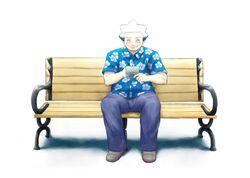  1boy alternate_costume bench blush closed_eyes closed_mouth commentary_request denim floral_print handheld_game_console hawaiian_shirt jeans joseph_stone male_focus maxiefag nintendo_3ds old old_man pants pokemon shirt sitting smile solo spiked_hair stylus white_hair 