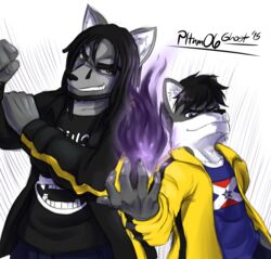  2015 age_difference anthro blue_eyes brown_eyes canid canine canis chris_hayabusa clothing damien_hayabusa digital_media_(artwork) dreadlocks duo elemental_manipulation father_(lore) father_and_child_(lore) father_and_son_(lore) fire fire_manipulation fur grin hair hi_res jacket long_hair looking_at_viewer male mammal older_male parent_(lore) parent_and_child_(lore) parent_and_son_(lore) pltnm06ghost shirt simple_background smile son_(lore) teeth topwear wolf 