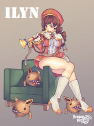  belt boots brown_hair chair character_name commentary_request copyright_name creature dragon_nest eileen_(dragon_nest) female full_body gloves grey_background hat instrument knee_boots kubu_kurin long_hair photoshop_(medium) poochum red_eyes sharp_teeth shawl sitting skindentation skirt solo teeth trumpet 