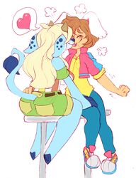  anthro ass blonde_hair blush bottomwear bovid bovine breasts brown_hair cattle closed_eyes clothing conditional_dnp duo female hair heart_symbol hi_res irootie kissing kix_(irootie) lagomorph leporid licking male mammal rabbit shorts sitting smile speech_bubble tongue tongue_out 