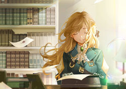  antweiyi blonde_hair blue_jacket book bookshelf braid breasts brooch closed_eyes closed_mouth commentary desk dress envelope female flying_paper gem gloves green_gemstone hair_between_eyes hair_intakes hair_ribbon indoors jacket jewelry letter long_hair long_sleeves love_letter mechanical_hands medium_breasts paper photo_(object) photoshop_(medium) prosthesis prosthetic_arm prosthetic_hand red_ribbon ribbon sitting smile solo sunlight typewriter typing violet_evergarden violet_evergarden_(series) wind wind_lift window 